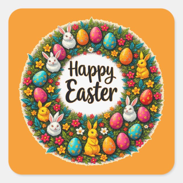 Sticker Carré Happy Easter Wreath – Bunny & Eggs Autocolante (Devant)
