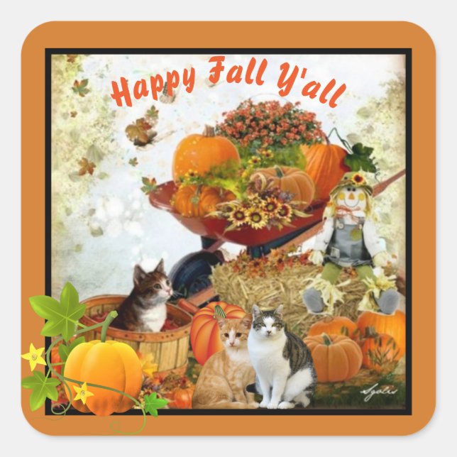 Sticker Carré Happy Fall Y'all Citrouilles et chats saisonnier (Devant)