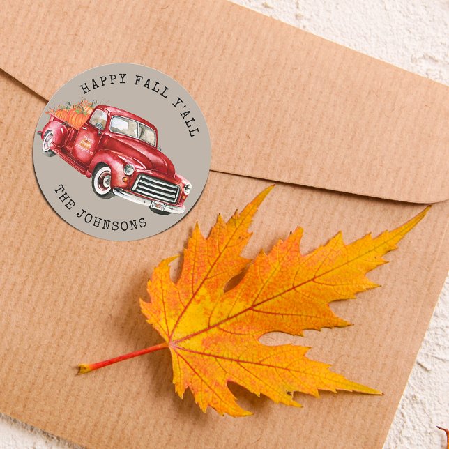 Sticker Carré Happy Fall Y'all Red Truck Citrouilles (Happy Fall Y'all Red Truck Pumpkins Square Sticker)