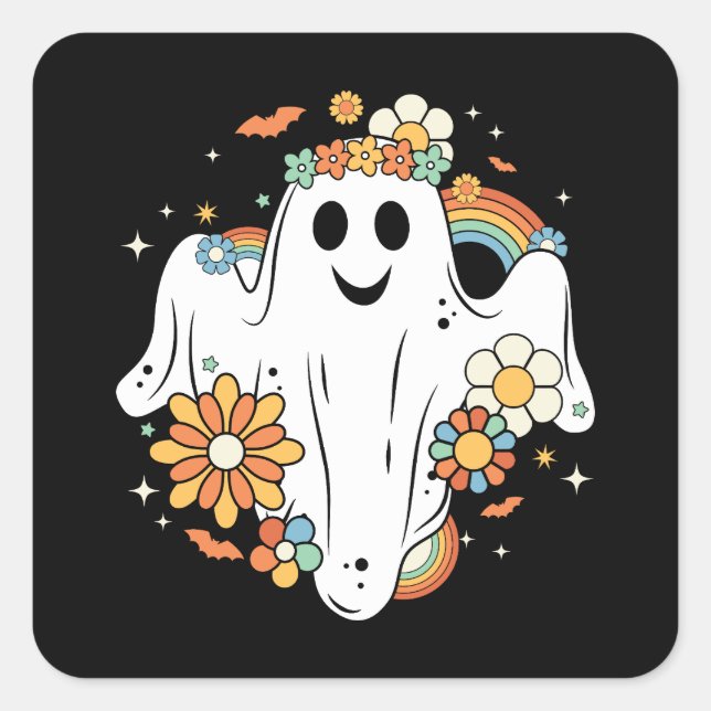 Sticker Carré Happy Ghost Retro Hippie Vibe (Devant)