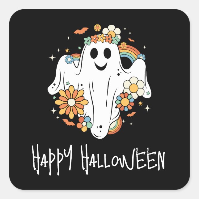 Sticker Carré Happy Ghost Retro Hippie Vibe Halloween (Devant)