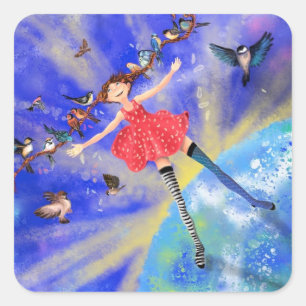 Sticker Carré Happy Girl with Birds