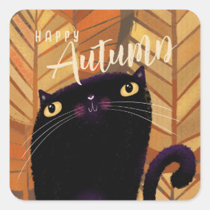 Sticker Carré Happy Halloween Chat noir automne automne