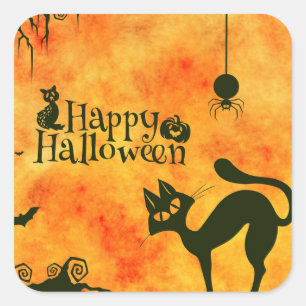 Sticker Carré Happy Halloween chat noir, hibou, citrouille