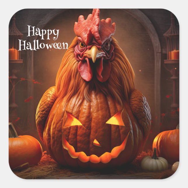 Sticker Carré Happy Halloween Chicken Rooster Citrouille papier  (Devant)