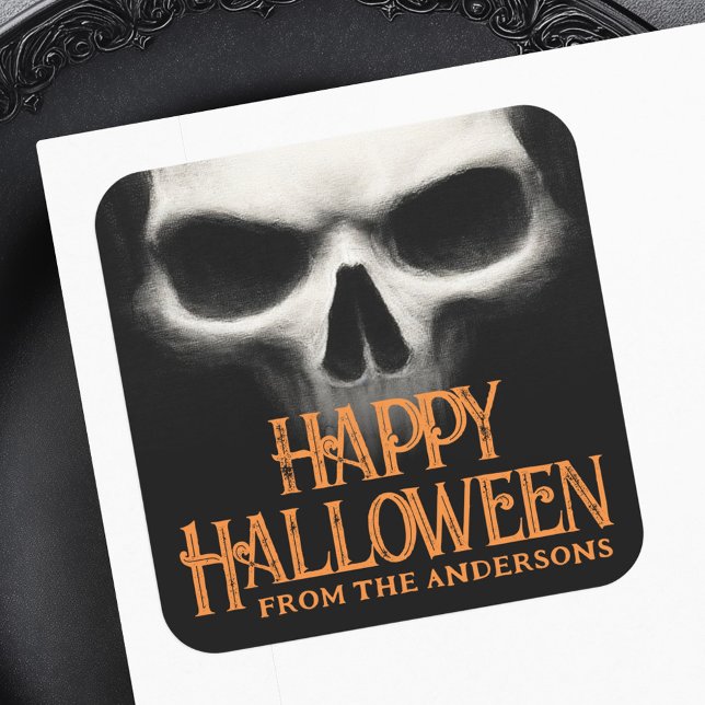 Sticker Carré Happy Halloween déplaisant crâne fantôme noir oran (Happy Halloween creepy ghost skull black orange Square Sticker)