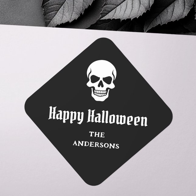 Sticker Carré Happy Halloween éffrayant crâne nom ou texte perso (Happy Halloween spooky skull custom name or text Square Sticker)