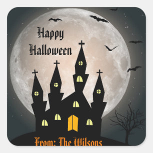 Sticker Carré Happy Halloween Éffrayant Hauné Maison chauve chau