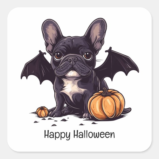 Sticker Carré Happy Halloween Français Bulldog Bat Wings Citroui (Devant)