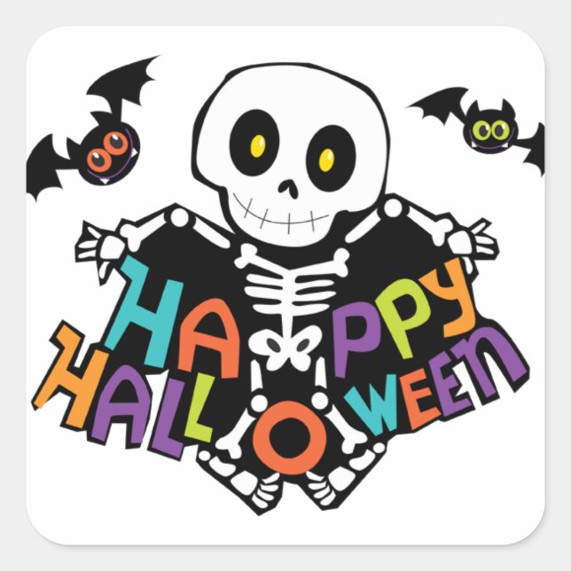 Sticker Carré Happy Halloween (Skeleton and Bats) (Devant)
