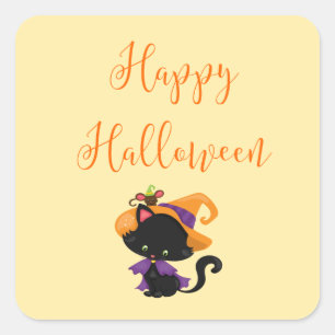 Sticker Carré Happy Halloween sorcière noir souris chat sur Brim