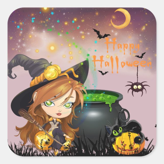 Sticker Carré Happy Halloween Witch Brew et Pumpkins (Devant)
