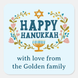 Sticker Carré HAPPY HANOUKKA fleurie couronne juive FÊTE PERSONN