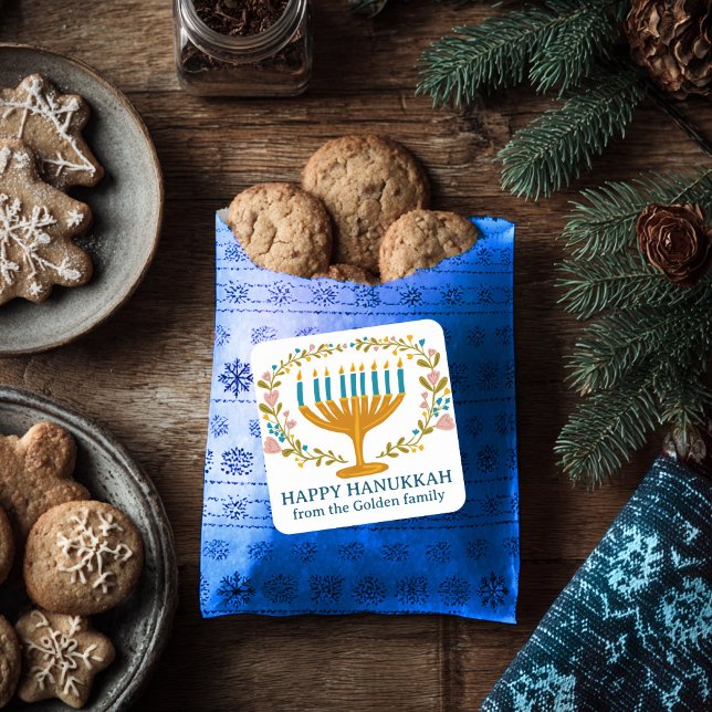 Sticker Carré HAPPY HANOUKKA fleurie couronne juive FÊTE PERSONN (HAPPY HANUKKAH floral wreath Jewish Holiday CUSTOM Square Sticker
)
