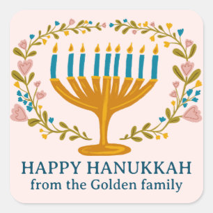 Sticker Carré HAPPY HANOUKKA fleurie couronne juive FÊTE PERSONN