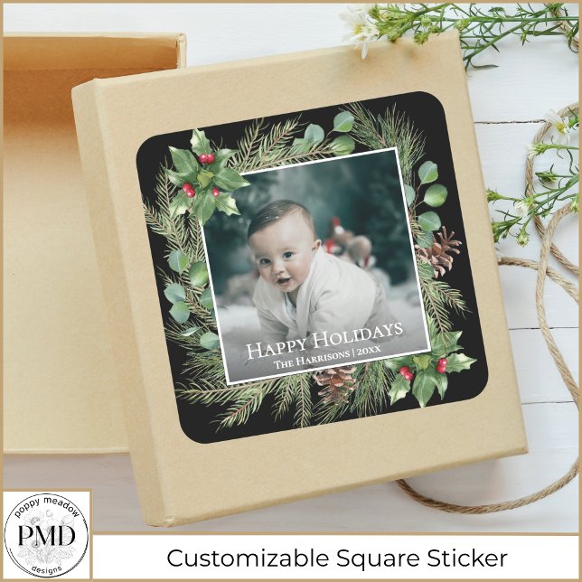 Sticker Carré Happy Holidays Photo Wreath Greenery  (Happy Holidays Baby Photo Wreath Greenery Botanical Christmas Square Sticker with Name, Year.)