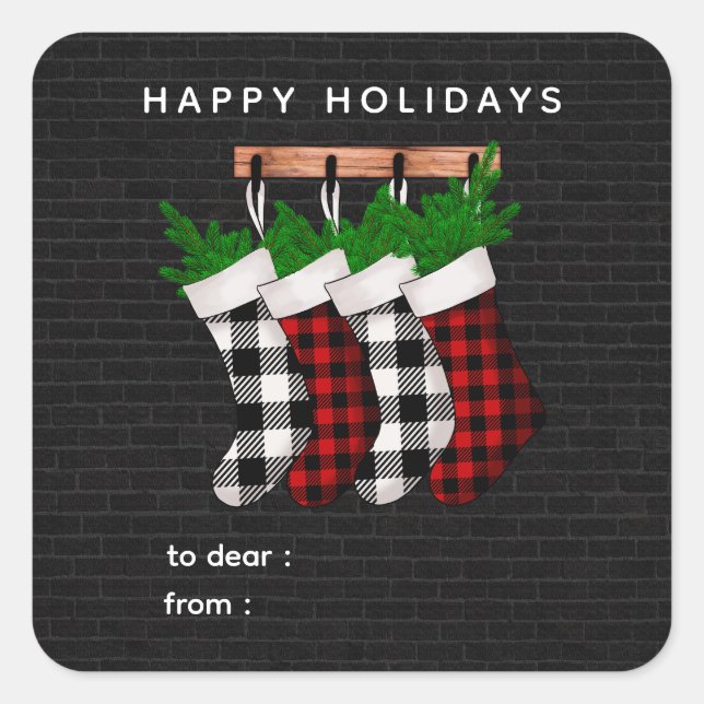 Sticker Carré Happy Holidays Plaid Stockings Holiday Gift Label  (Devant)