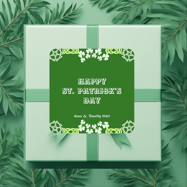 Sticker Carré Happy Jour de la Saint Patrick Celtic Lucky Shamro (Happy St Patricks Day Celtic Lucky Shamrock Border Square Sticker)