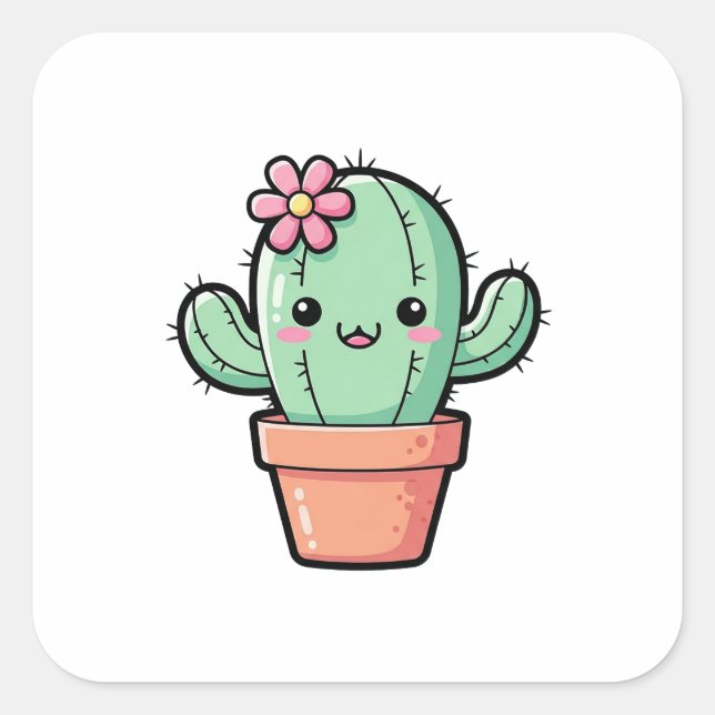 Sticker Carré Happy Kawaii Cactus – Cute Illustration (Devant)