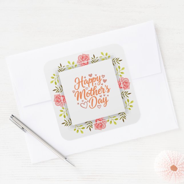 Sticker Carré Happy Mother's Day' Pink Watercolor Flower (Enveloppe)