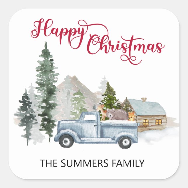 Sticker Carré Happy Noël Enveloppe Sceau Rustic Truck Woods (Devant)
