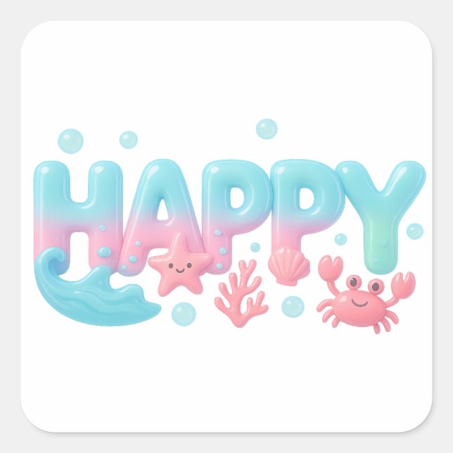Sticker Carré Happy Ocean Pastel Glossy Text (Devant)
