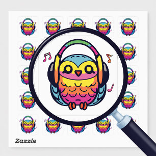 Sticker Carré Happy Owl avec écouteurs écoutant de la musique.