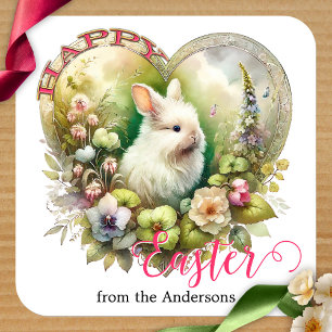 Sticker Carré Happy Pâques mignonne Aquarelle Bunny Floral