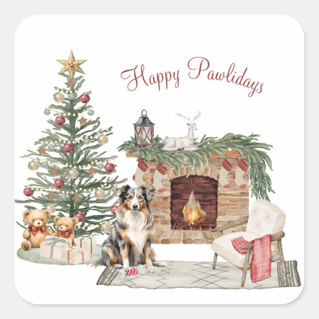 Sticker Carré Happy Pawlidays Chien Design - Australian Shepherd (Devant)
