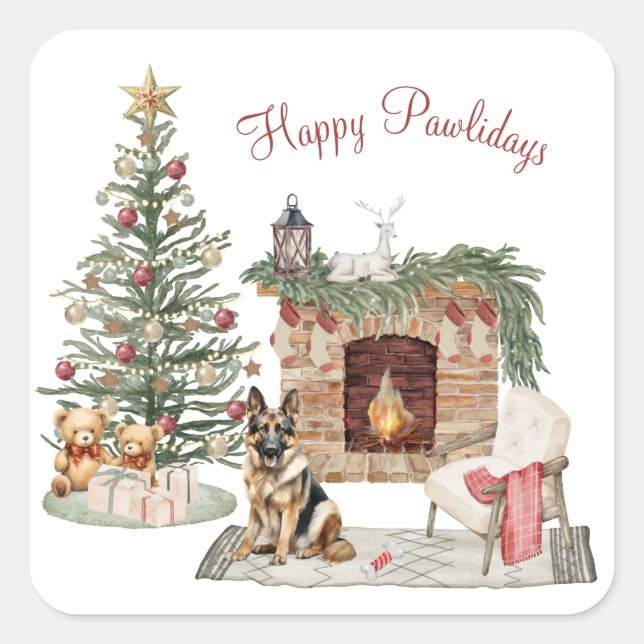 Sticker Carré Happy Pawlidays Chien Design - Berger allemand (Devant)