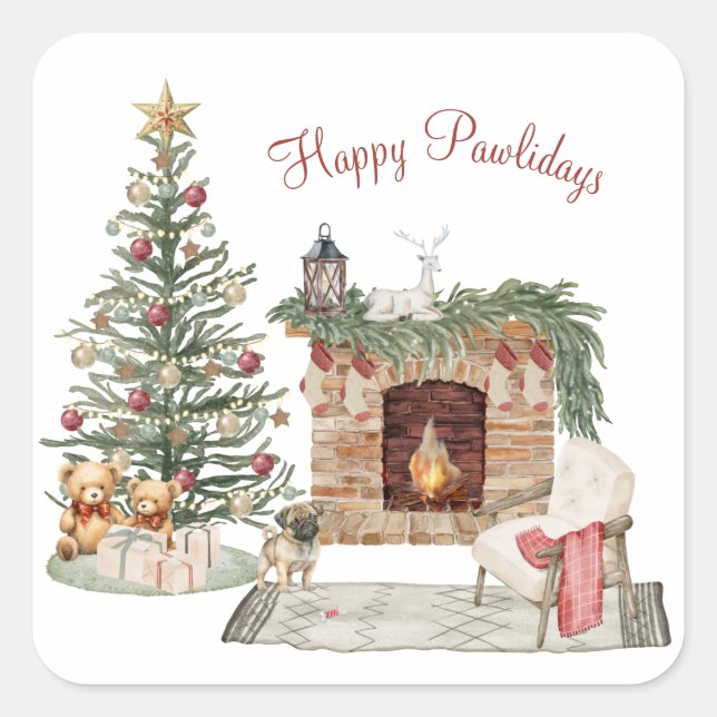 Sticker Carré Happy Pawlidays Chien Design - Carlin (Devant)