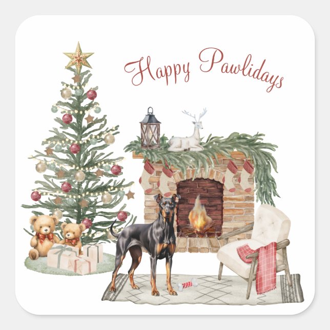 Sticker Carré Happy Pawlidays Chien Design - Doberman Pinscher (Devant)