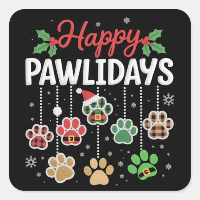 Sticker Carré Happy Pawlidays Funny Christmas Dog Paw Xmas Dogs  (Devant)