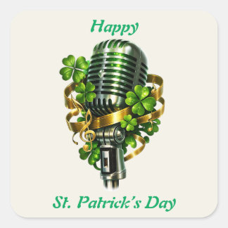 Sticker Carré Happy St. Patrick’s Day Shamrock & Microphone