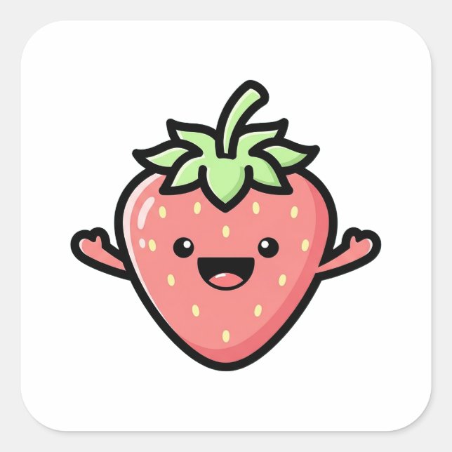 Sticker Carré Happy Strawberry – Cute Kawaii Illustration (Devant)