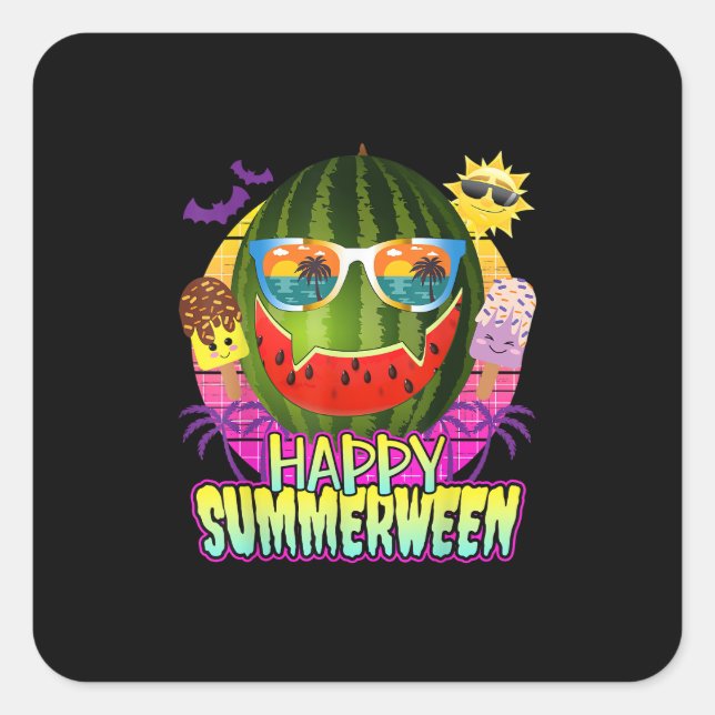 Sticker Carré Happy Summerween Watermelon Jack-o'-lantern été (Devant)