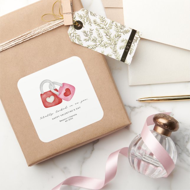 Sticker Carré Happy Valentine's Day Cute Fun Locks Hearts Custom (Cadeaux)