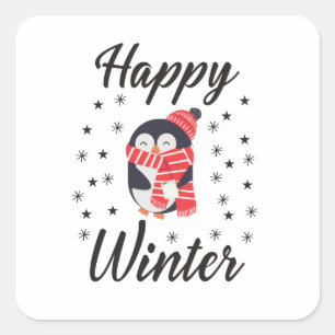 Sticker Carré Happy Winter, mignon Penguin