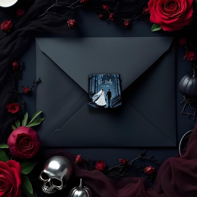 Sticker Carré Haunted Castle Halloween Wedding or Engagement (Halloween Wedding or Engagement Stickers with Haunted Castle Design Halloween wedding or engagement )