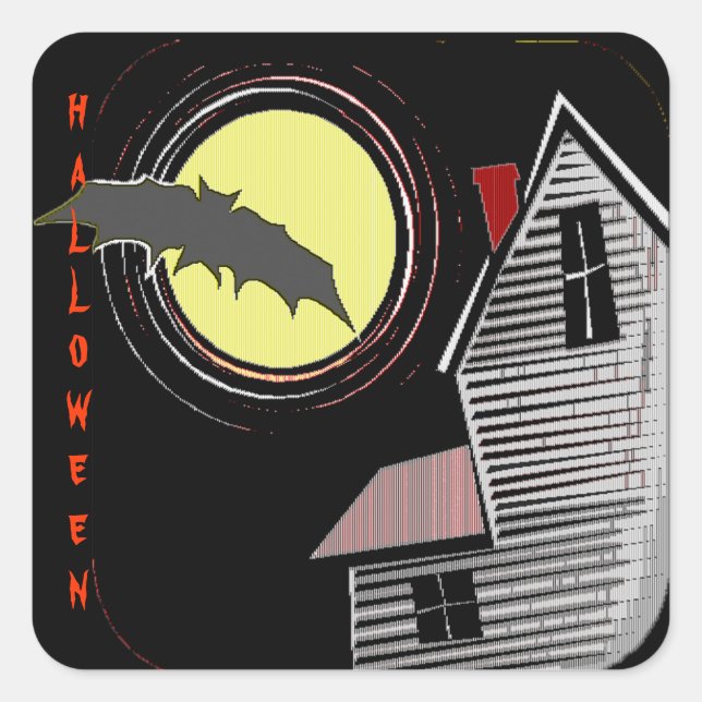 Sticker Carré Haunted House Pleine lune et chauve-souris (Devant)