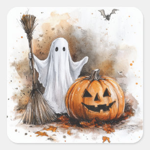 Sticker Carré Hauntint mignon Fantôme Broomstick