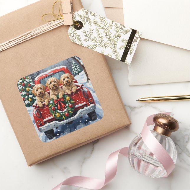 Sticker Carré Havanese Christmas Red Truck Holiday (Cadeaux)