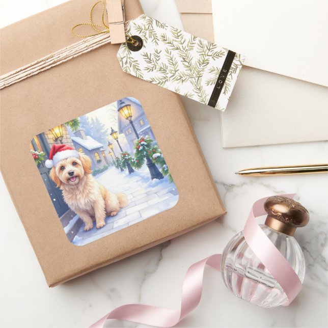 Sticker Carré Havanese Snowy Village Walk Santa Hat Christmas (Cadeaux)