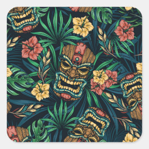 Sticker Carré Hawaï Tiki Masque Motif tropical