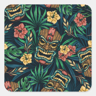 Sticker Carré Hawaï Tiki Masque Motif tropical