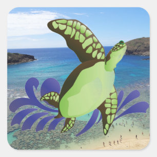 Sticker Carré Hawaii Hanauma Bay Oahu Turtle