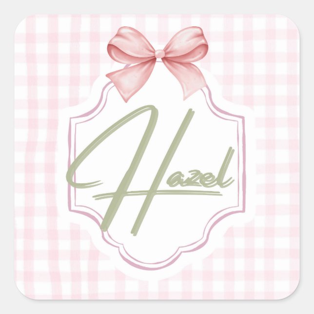 Sticker Carré Hazel personnalisé Baby Girl Nursery Bow&En vichy (Devant)
