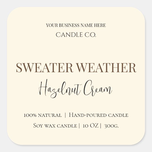 Sticker Carré Hazelnut Cream | Cozy Neutral Soy Candle Label (Devant)