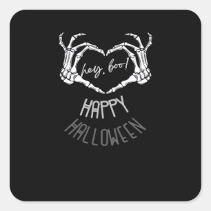Sticker Carré Hé, Boo ! Happy Halloween Skeleton Hand Heart Clas