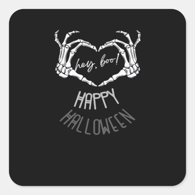 Sticker Carré Hé, Boo ! Happy Halloween Skeleton Hand Heart Clas (Devant)